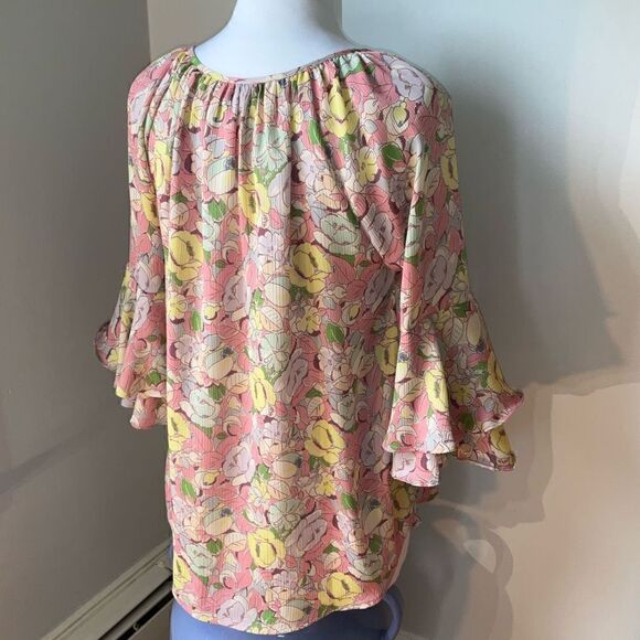 CHAPS Ralph Lauren NWT Gauzy Floral Poet Blouse w Ruffle Tiered Bell Sleeves, M - Picture 2 of 14